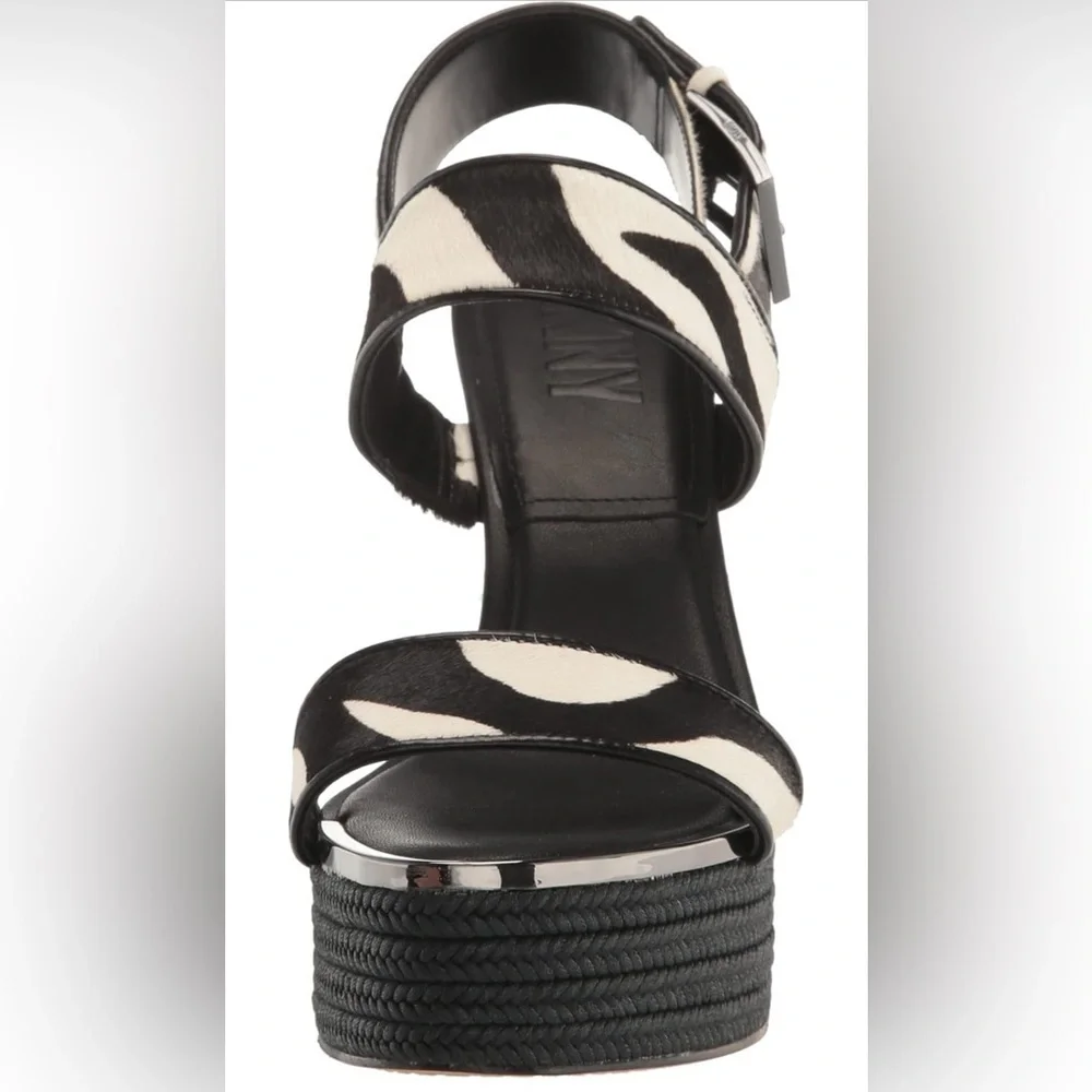 DKNY Yadira Double Strap Platform Heeled Sandal Black White Zebra Print Size 9